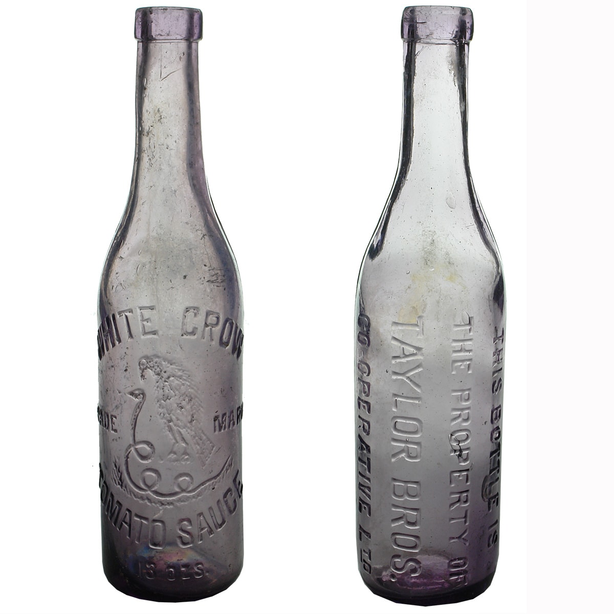 2 Sauces. White Crow Tomato Sauce; Taylor Bros. Co-operative Ltd. 13 oz. Sun Coloured Amethyst.