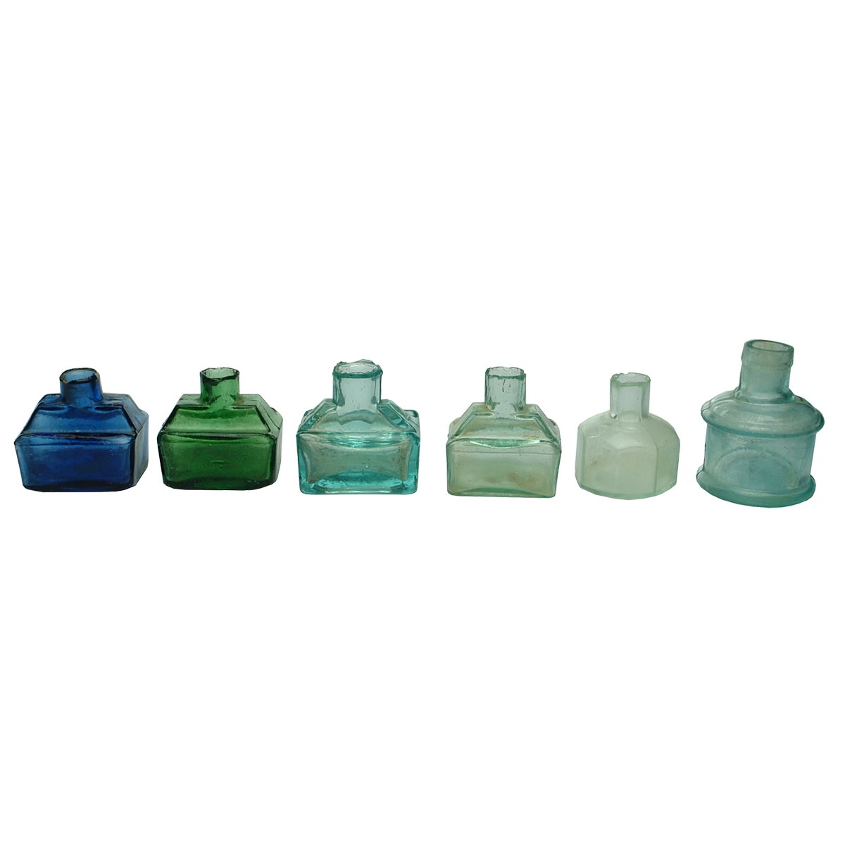 6 Inks: Mid Blue boat ink; Green boat; Aqua & Aqua with J. Angus base; Octagonal; Cotton Reel.