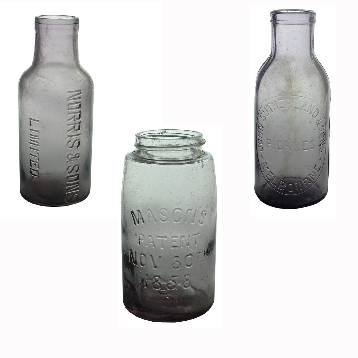 3 Jars. Norris & Sons Ltd; John Sutherland & Sons; Masons Patent Nov 30th 1858.