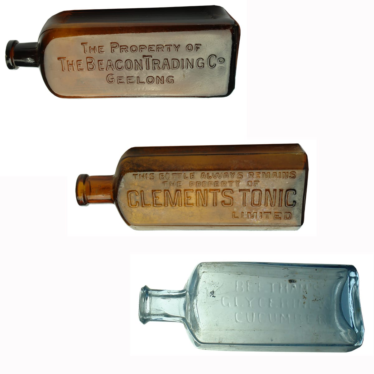 3 Bottles: Amber Beacon Trading Co Geelong Ammonia; later Clements Tonic; Beethams Glycerine & Cucumber.