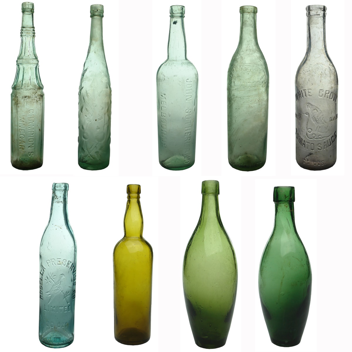 9 Bottles: Champions Vinegar; Roses Cordial; John Sutherland Vinegar; Robert McEwin Sauce; 26 oz White Crow Sauce; 20 oz Rosella Sauce; Dark Honey coloured whisky with A base mark; Large & small Green Skittle. PICKUP ONLY!! NOT FOR POST!!