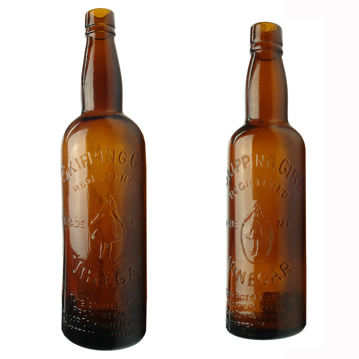 2 Vinegars. Skipping Girl Vinegar, Abbotsford, Melbourne. Amber. 26 & 13 oz. (Victoria)