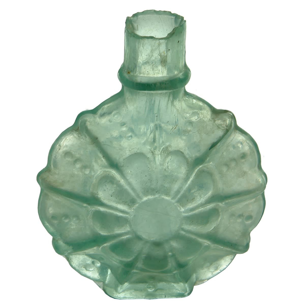 Perfume. Fancy Shear Lip Perfume, Flat Round Floral Shape.