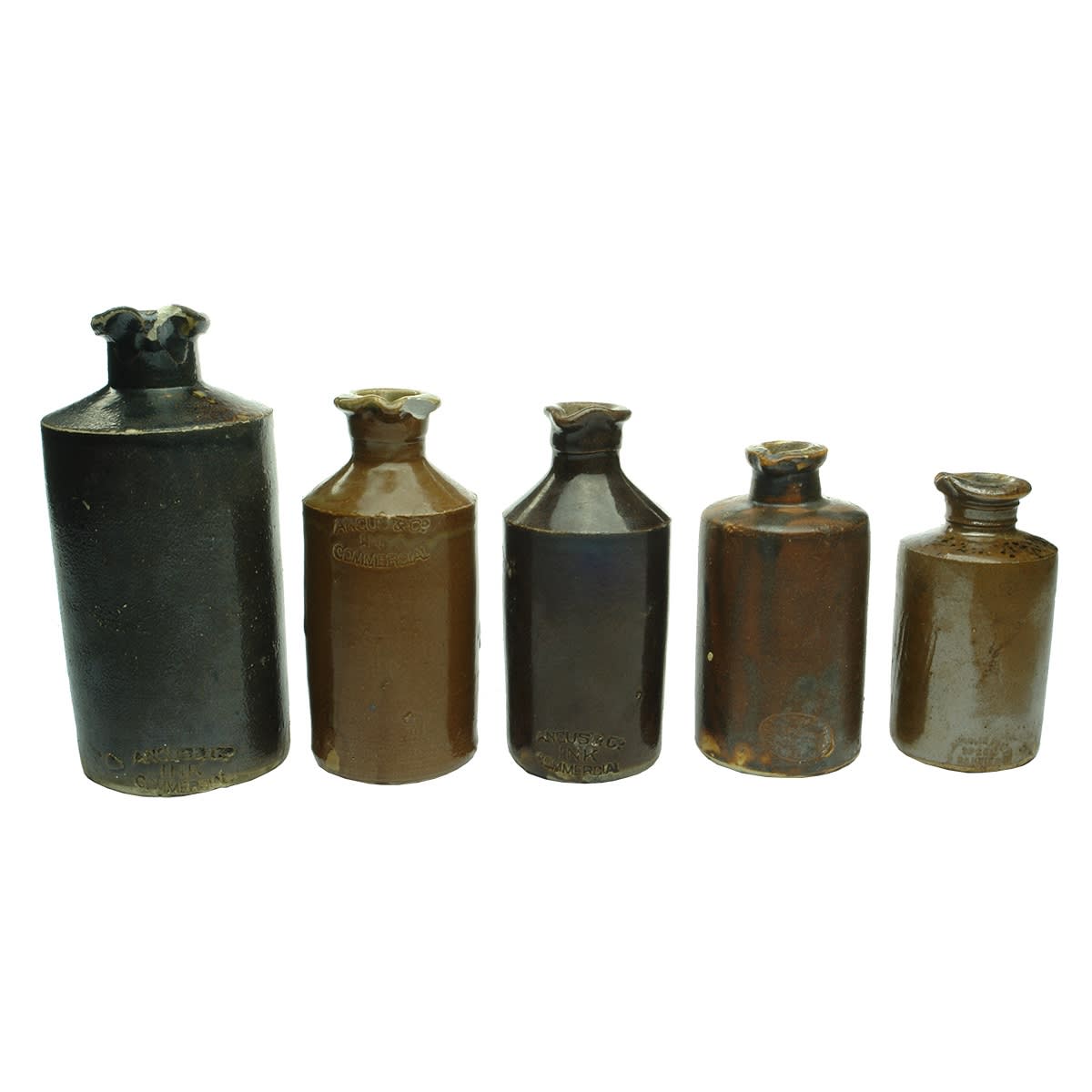 Inks. 5 stoneware inks: 1. Angus & Co Commercial Ink. No potters mark. 160 mm. 2. Angus & Co Commercial Ink. No potters mark. 130 mm. 3. Angus & Co Commercial Ink. No potters mark. 125 mm. 4. The Bendigo Pottery Coy Ltd, Epsom, Bendigo. 110 mm. 5. The Bendigo Pottery, Epsom, Bendigo. 100 mm.
