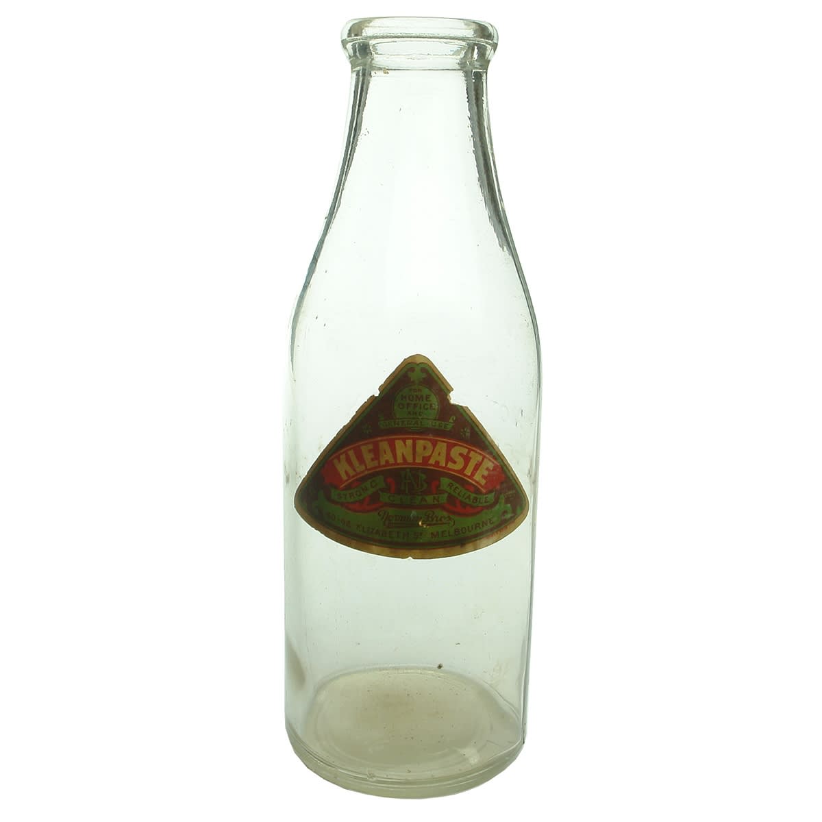 Milk. Kleanpaste, Norman Bros Stationers, 60-62 Elizabeth St., Melbourne (on label). Wad lip milk. Clear. 1 Quart. (Victoria)