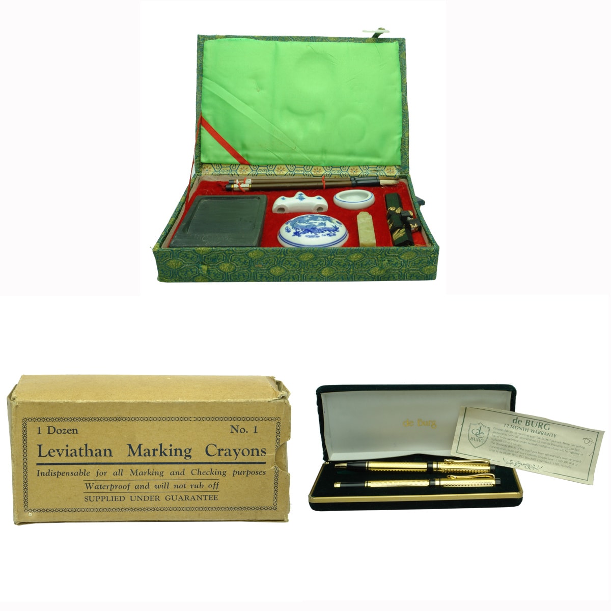 3 Writing sets/lots: Chinese Calligraphy Set in box; 1 Dozen Leviathan Marking Crayons; De Burg Pent set in green velvet.