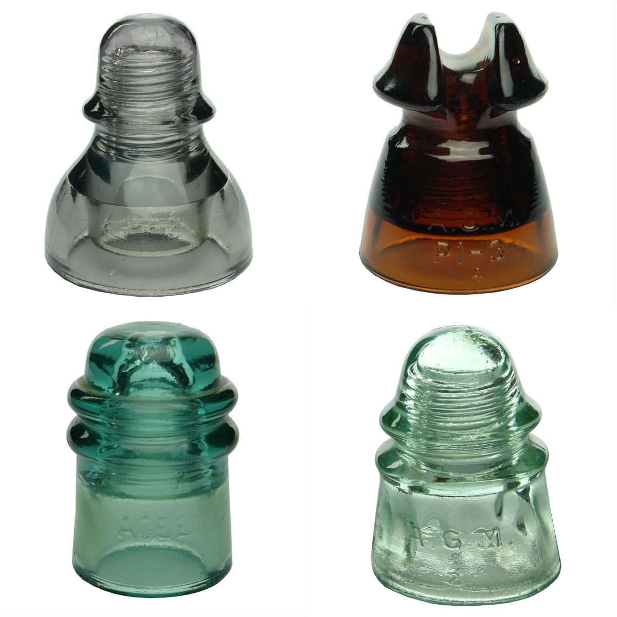 4 Glass Insulators: Greyish Amethyst AGEE CD490; Amber AGM CD590; Green Aqua AGEE CD121; Pale Lime Aqua AGM CD423.
