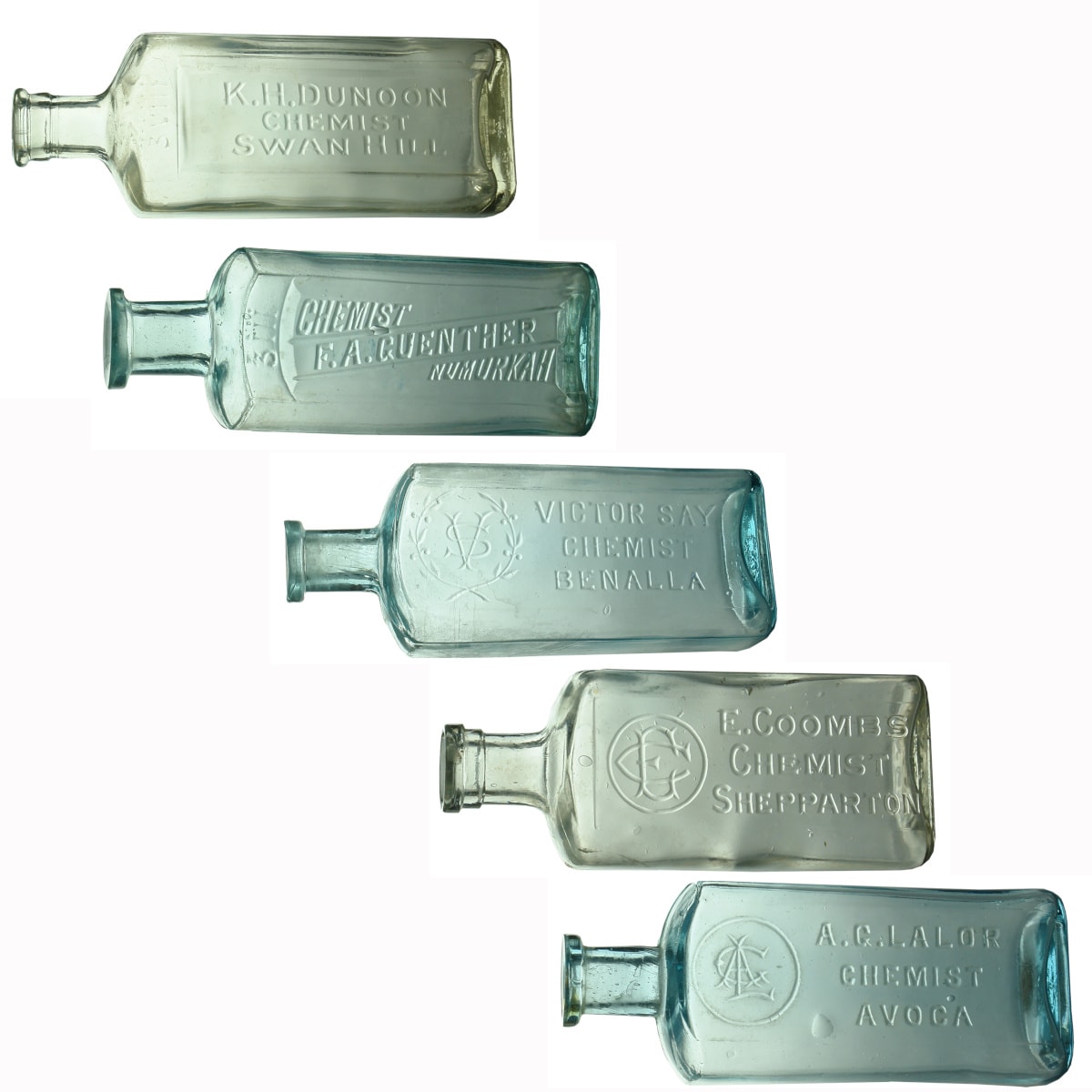 5 Chemists. K. H. Dunoon, Swan Hill; F. A. Guenther, Numurkah; Victor Say, Benalla; E. Coombs, Shepparton; A. G. Lalor, Avoca. (Victoria)
