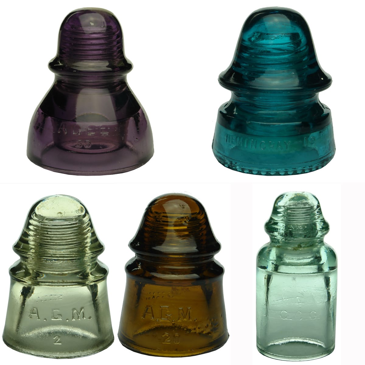5 Coloured Glass Insulators: Agee; 2 x A. G. M; CCG; Hemingray.