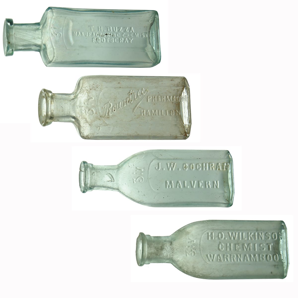 4 small Chemists. T. H. Buzza, Footscray; Rountree, Hamilton; Cochran, Malvern; WIlkinson, Warrnambool. (Victoria)