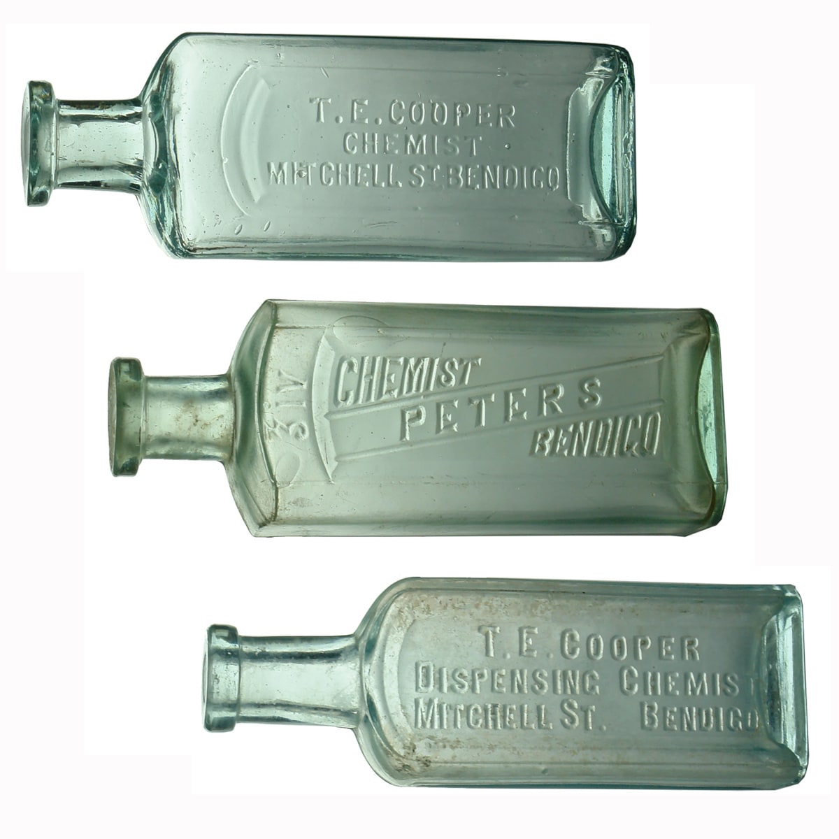 3 Bendigo Chemists. T. E. Cooper, Mitchell St. 3 oz. 128 mm; Peters. 4 oz. 134 mm; T. E. Cooper Panelled type 2 oz. 126 mm. (Victoria)