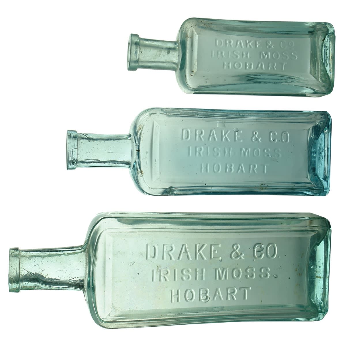 Chemist. 3 Sizes of Drake & Co, Irish Moss, Hobart. Aqua. 8 oz., 4 oz. and 2 oz.  (Tasmania)