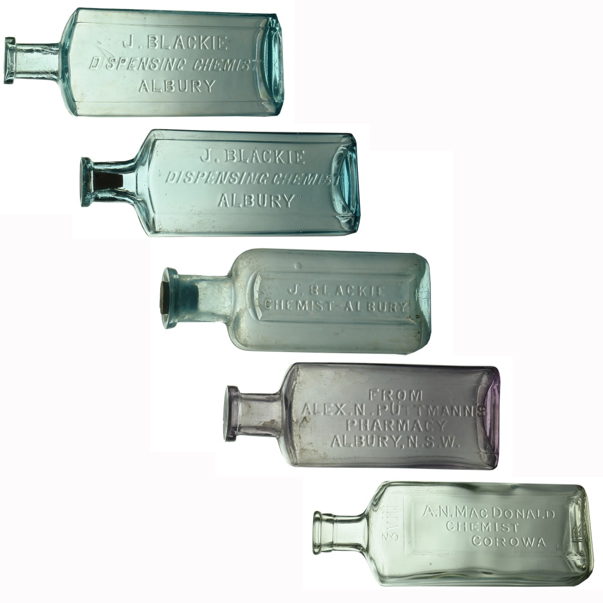 5 Chemists. 3 different J. Blackie, Albury; Alex N. Puttmann, Albury; A. N. MacDonald, Corowa. (New South Wales)