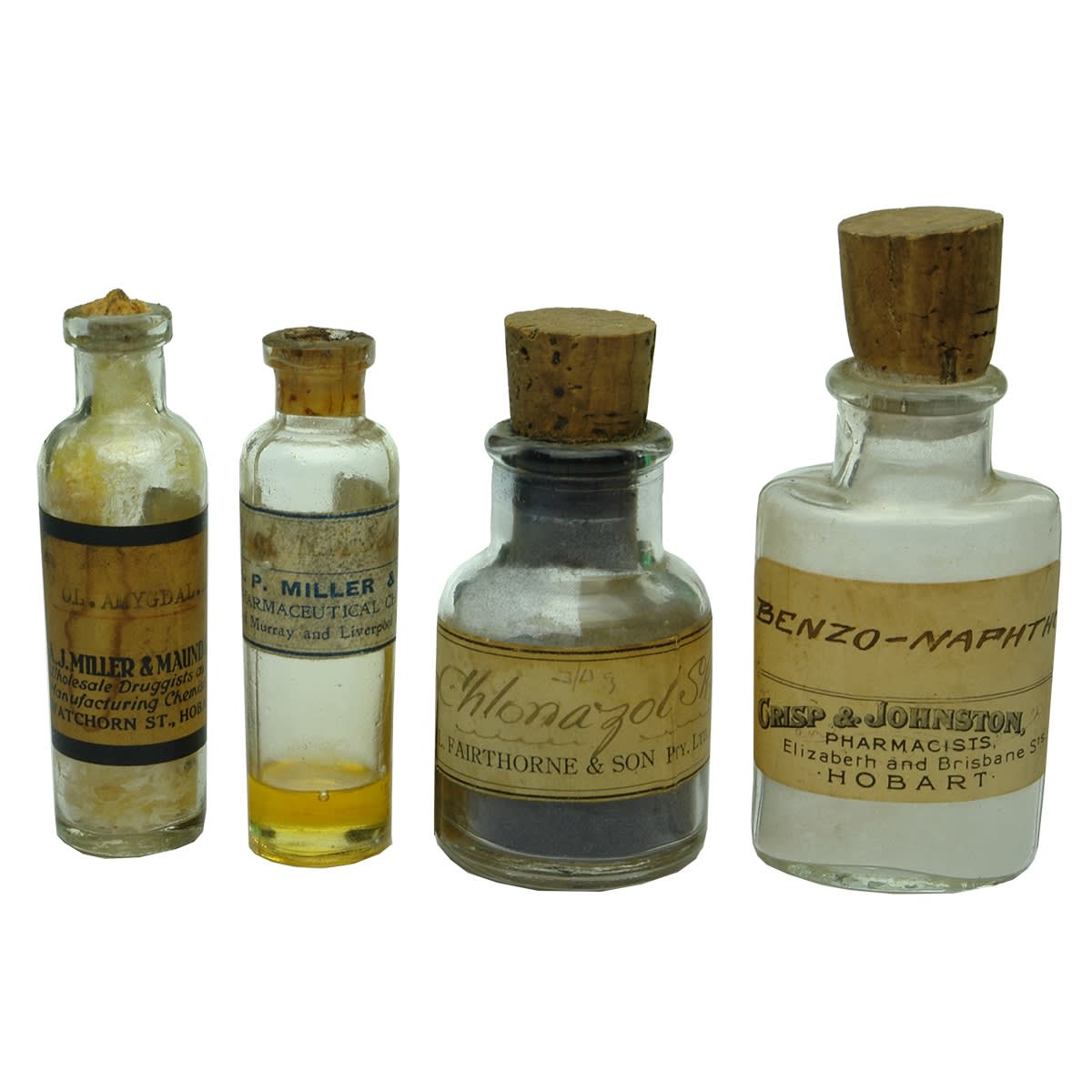 Chemist. Four labelled Tasmanian pharmacy bottles: 1. A. J. Miller & Maund Oty. Ltd., Watchorn St., Hobart. Clear. 1 oz. 2. A. P. Miller & Son, Corner of Murray and Liverpool Streets, Hobart. Clear. 1 oz. 3. L. Fairthorne & Son Pty. Ltd., Luanceston & Hobart. Clear. 1 oz. 4. Crisp & Johnston, Elizabeth and Brisbane Sts., Hobart. Clear. 1 oz. (Tasmania)