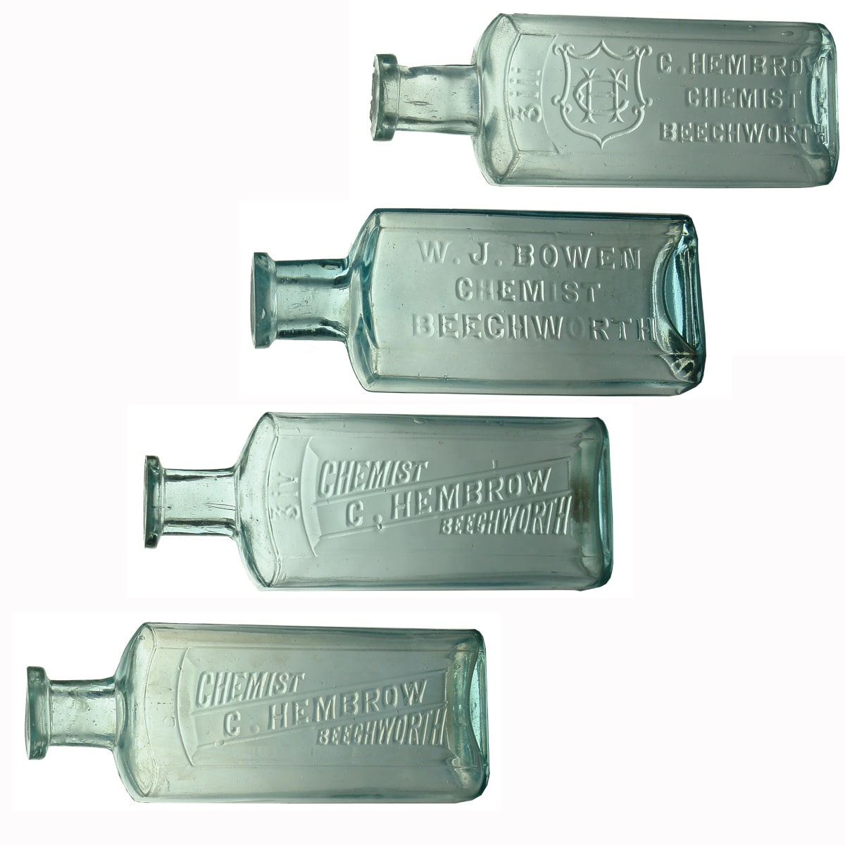 4 Beechworth Chemists. C. Hembrow, Shield with Monogram. Aqua. 3 oz. 129 mm; W. J. Bowen, 2 oz, 112 mm; C. Hembrow, Aqua, 4 oz, 135 mm; C. Hembrow, Aqua, 4 oz, 134 mm. (Victoria)