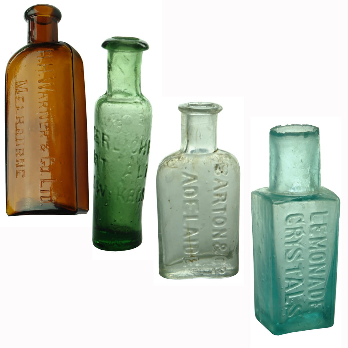 4 small bottles: H. H. Warner, Melbourne 4 oz; Altona Drops; Barton & Co Adelaide; Lemonade Crystals.