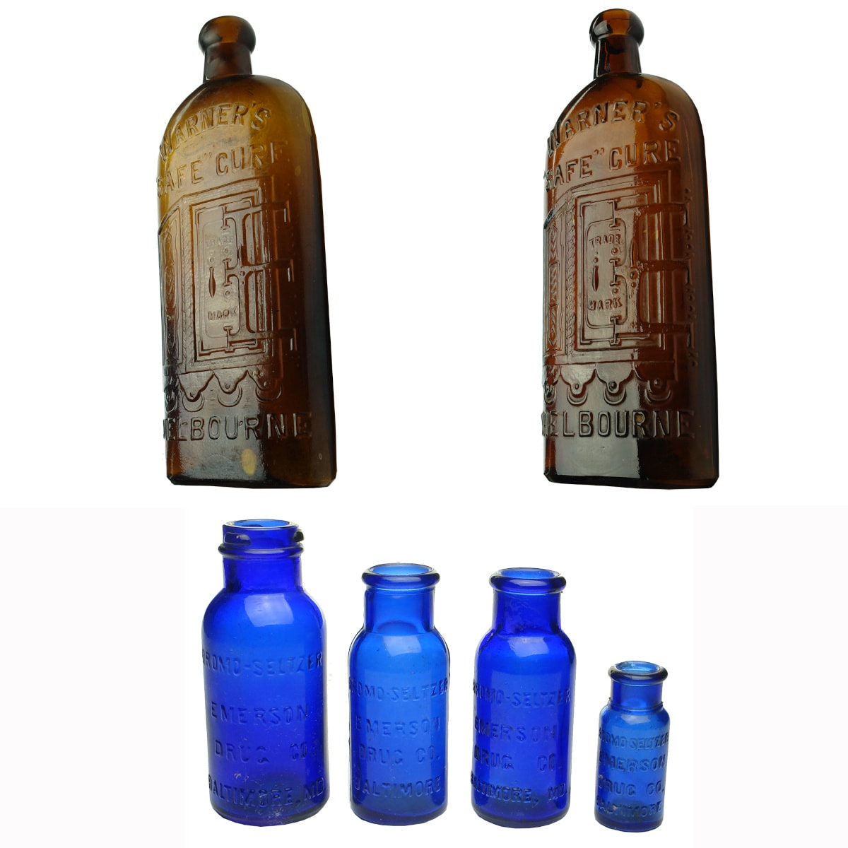 6 Bottles: 2 x Warners Safe Cures Melbourne; 4 x Bromo Seltzer, Emerson Drug Co. Baltimore.