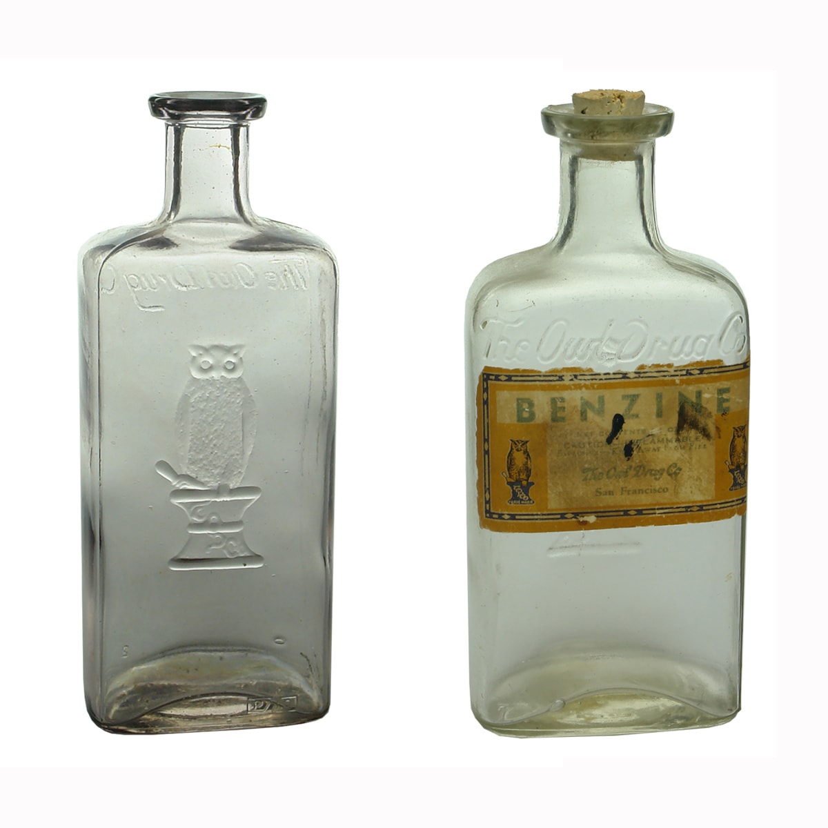 2 Medicines. The Owl Drug Co. Two Wing. Pale Sun Coloured Amethyst. Rounded Oblong. 182 mm and The Owl Drug Co. Two Wing. Clear. Rounded Oblong. 155 mm. (USA)