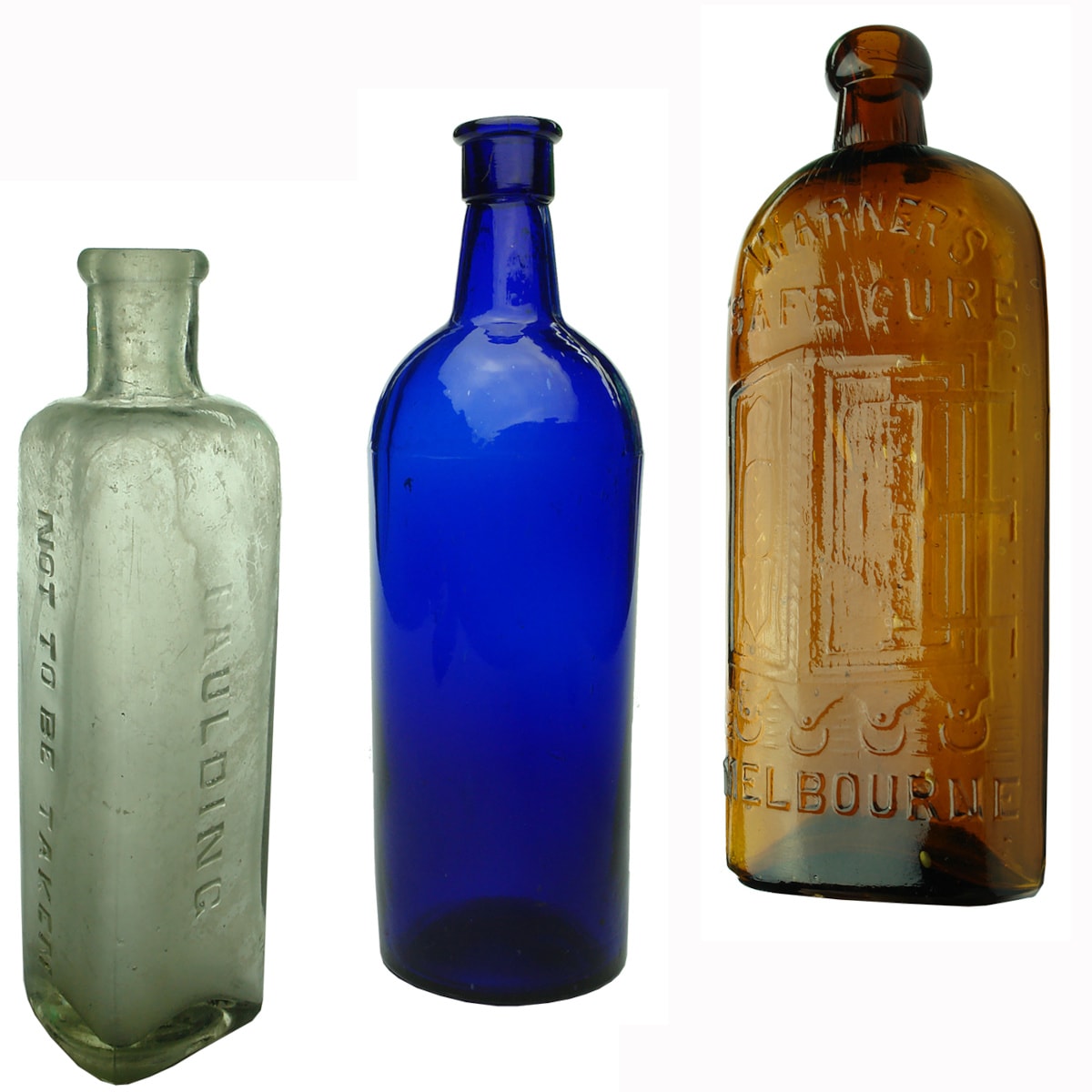 3 Bottles: Faulding Phenyle type; Cobalt 3 Piece Mould bottle; Warners Safe Cure Melbourne.
