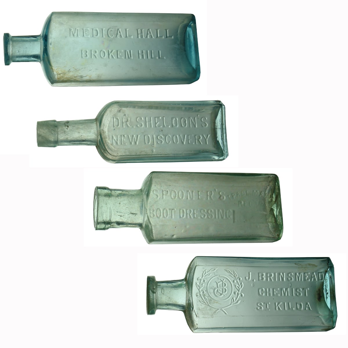 4 Chemist like bottles. Medical Hall, Broken Hill; Dr Sheldons New Discovery; Spooners Boot Dressing; J. Brinsmead, St Kilda.