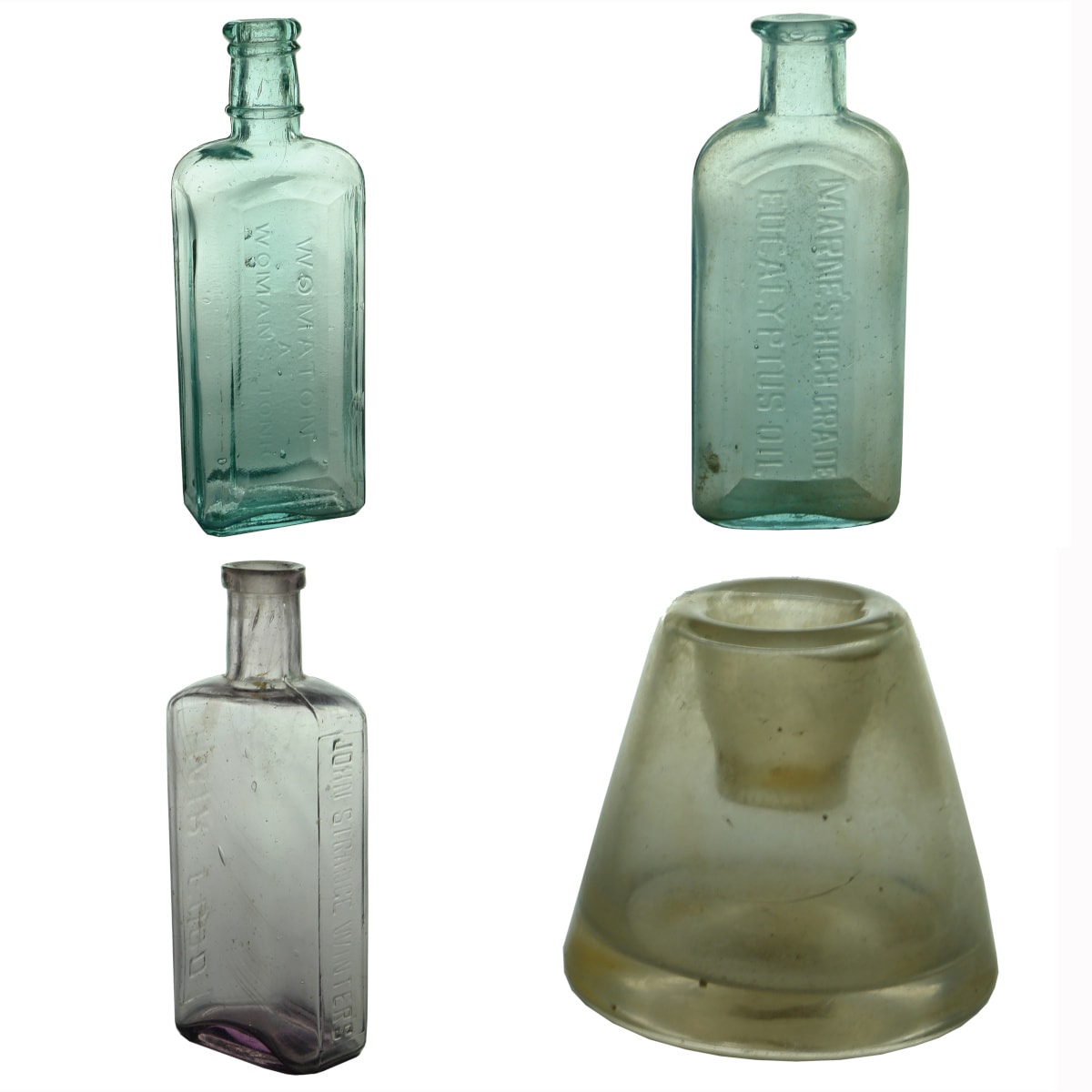 4 Bottles: Womaton; Marne's Eucalyptus; John Strange Winters Hair Food; Non-spill inkwell.