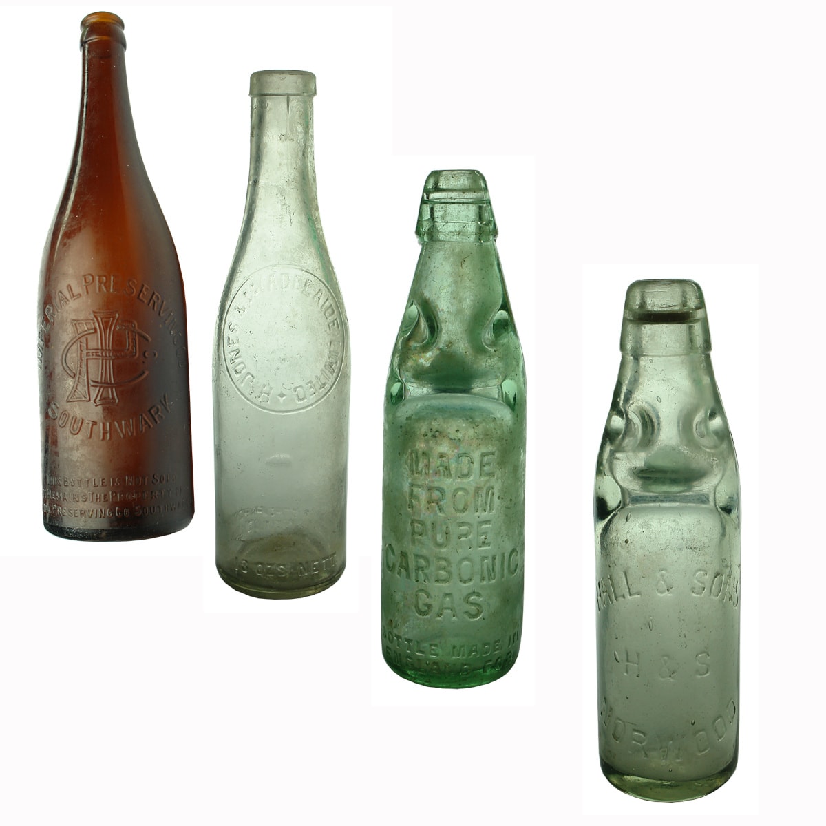 4 Bottles: Imperial Preserving Co Southwark; H. Jones & Co Adelaide; Eckersley & Sons Pure Carbonic Gas Codd; Hall & Sons Norwood Codd.