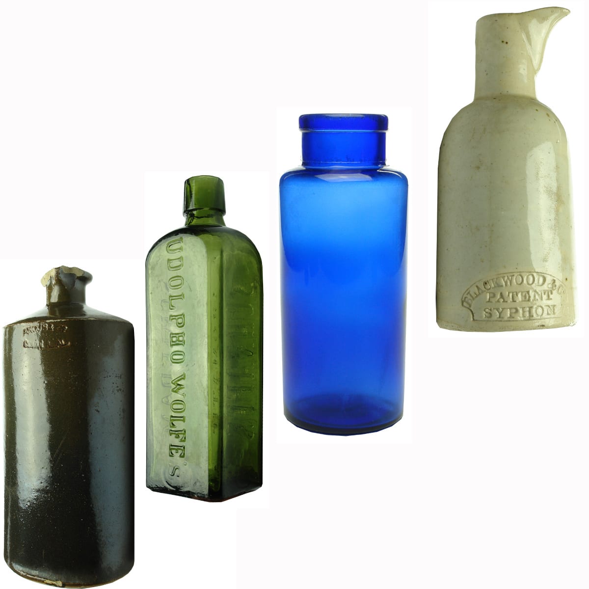 4 Bottles: Angus & Co Commercial Ink, Bendigo Pottery Master Ink; Udolpho Wolfes Schnapps; Blue Jar (machine made); Blackwood & Co Patent Syphon Ink.