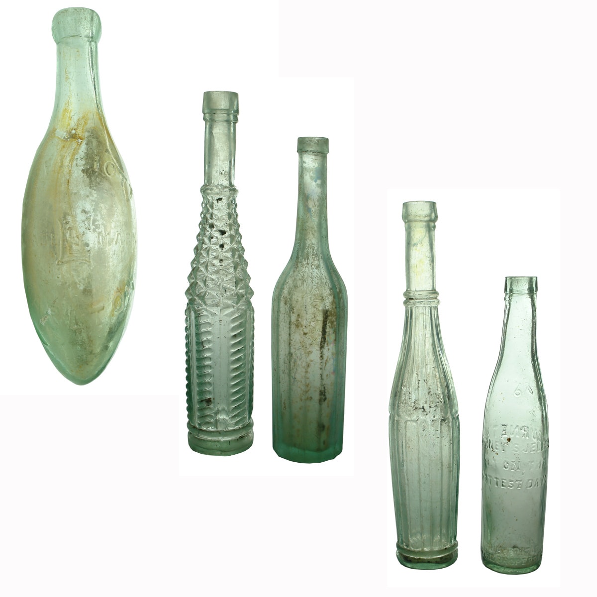 5 Bottles: Elliott Carlton Torpedo; 3 Salad Oils; Burnet's Jellies advertising bottle.