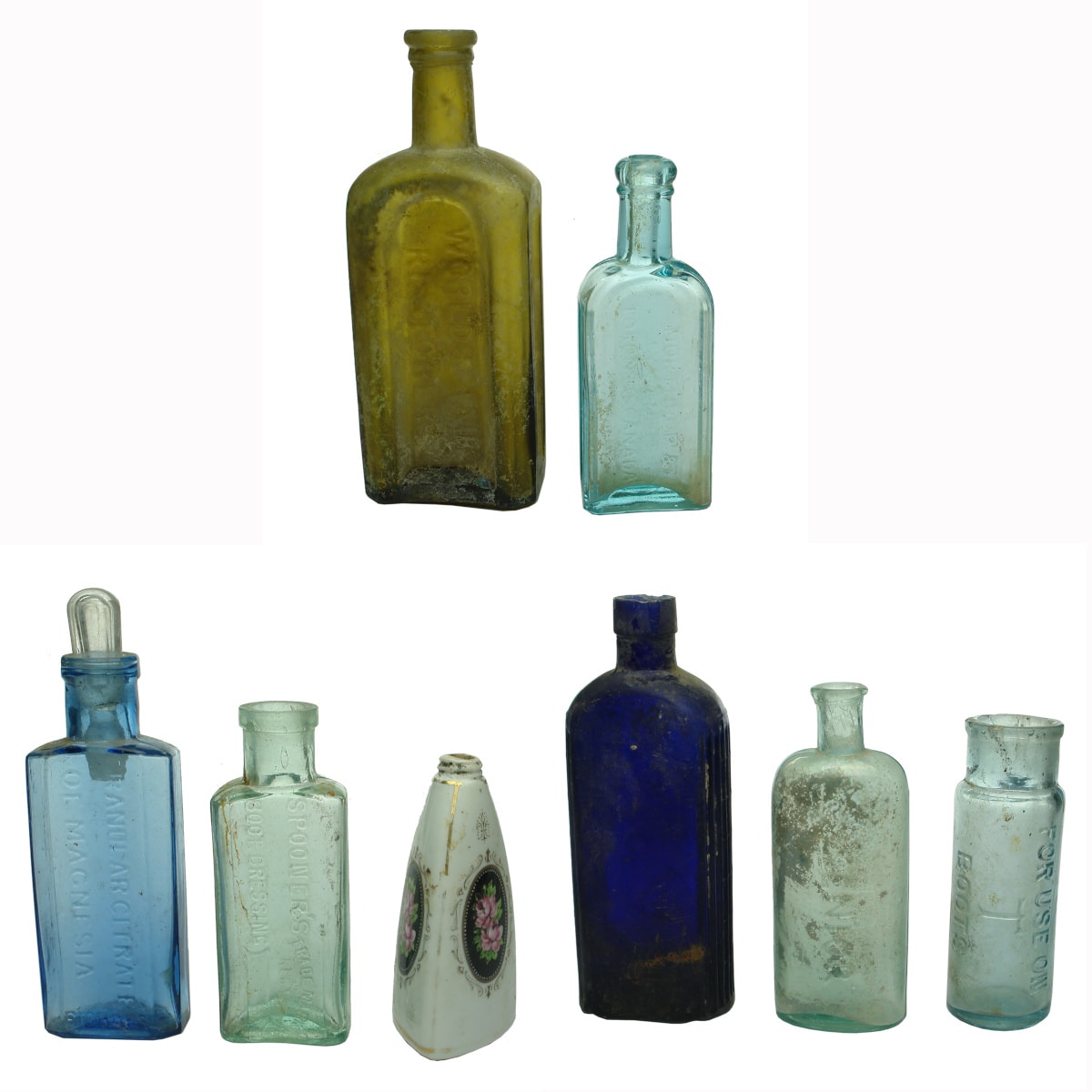 9 Items. 8 Bottles & a Stopper: Worlds Hair Restorer; Blue Poison; Magnesia; Spooners; Senior early chemist; Boots; Canadian; Perfume.