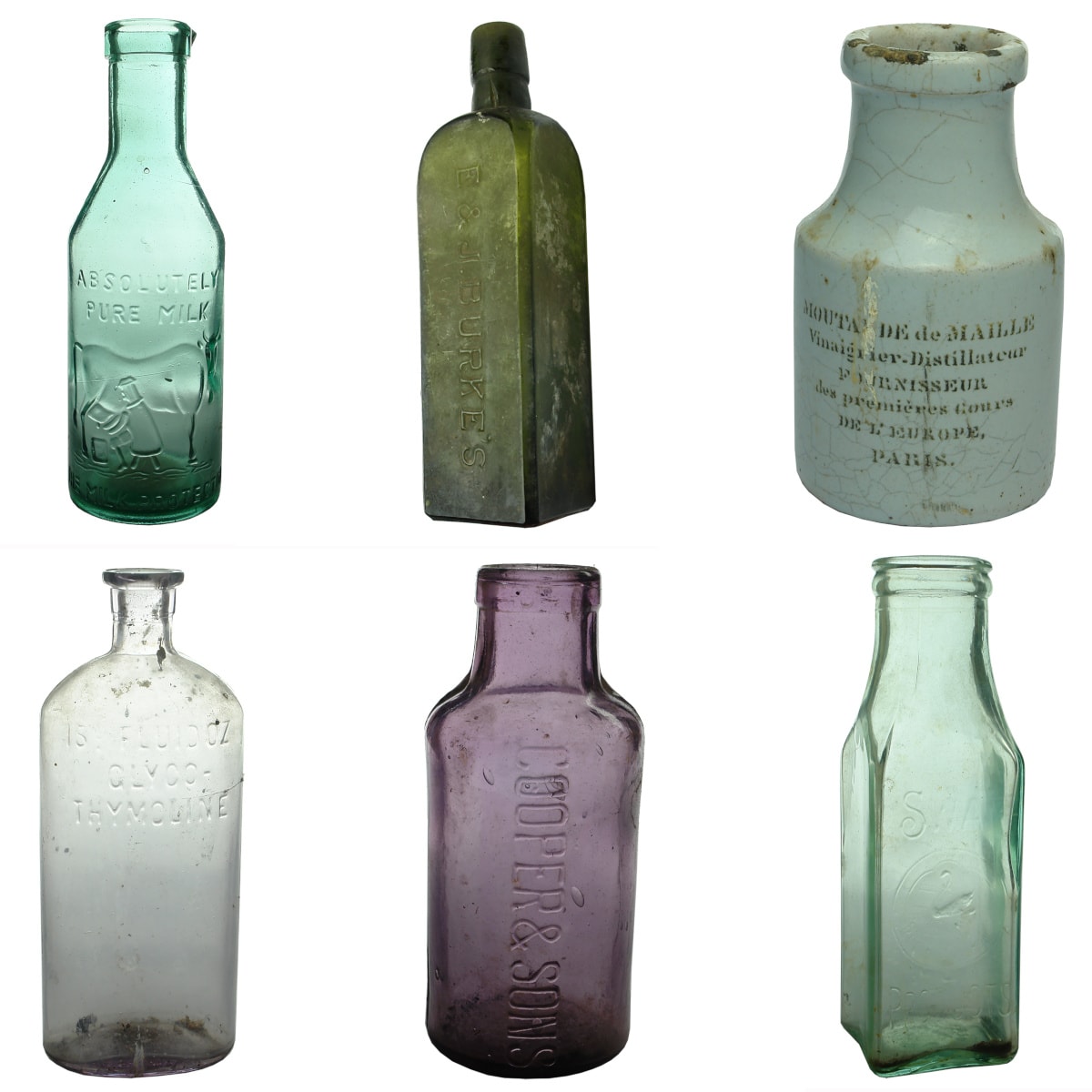 6 Bottles: Absolutely Pure Milk; E & J. Burke's Schnapps; Moutarde de Maille; Glyco-Thymoline; Cooper & Sons Pickle; Swan Products Pickle.