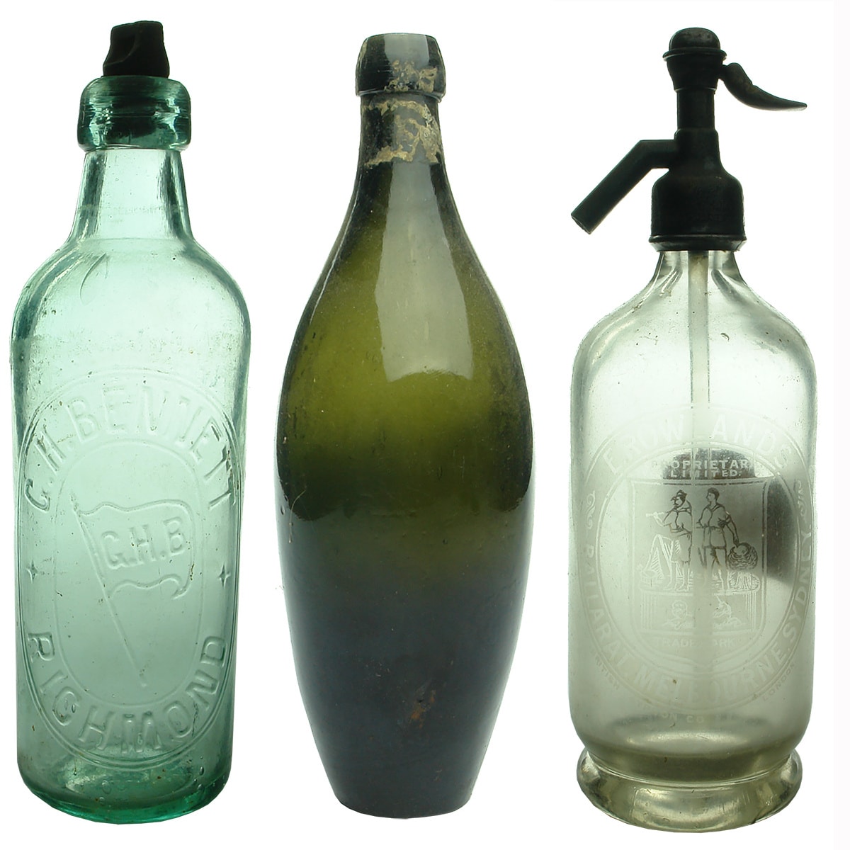 Miscellaneous: 1. G. H. Bennett, Richmond. Internal Thread. Aqua. 26 oz. 2. Skittle. Black. 26 oz. 3. E. Rowlands, Ballarat, Melbourne, Sydney. Round, clear syphon with label. 30 oz.