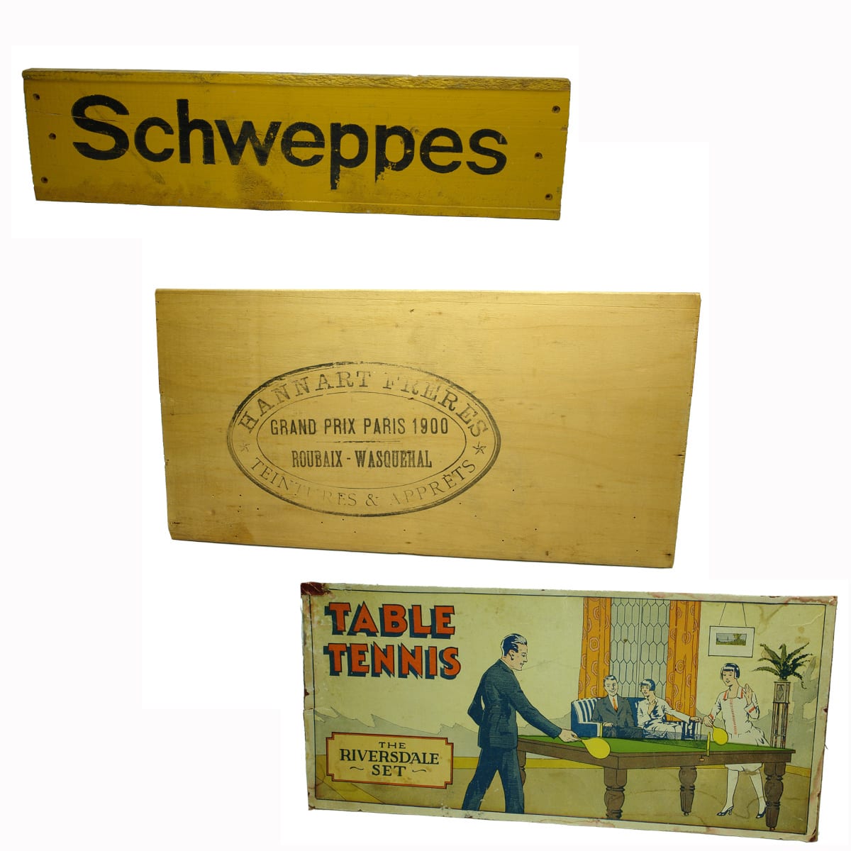 Box Ends: 1. Schweppes. 2. Hannart Freres Teintures & Apprets, Grand Prix Paris 1900, Roubaix - Wasquehal. 3. The Riversdale Set, Table Tennis.