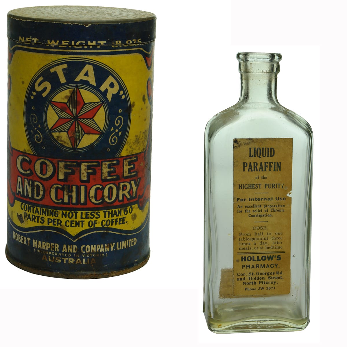 2 Items with labels: Robert Harper & Co Ltd Star Coffee and Chicory; Hollow's Pharmacy, North Fitzroy Paraffin. (Victoria)