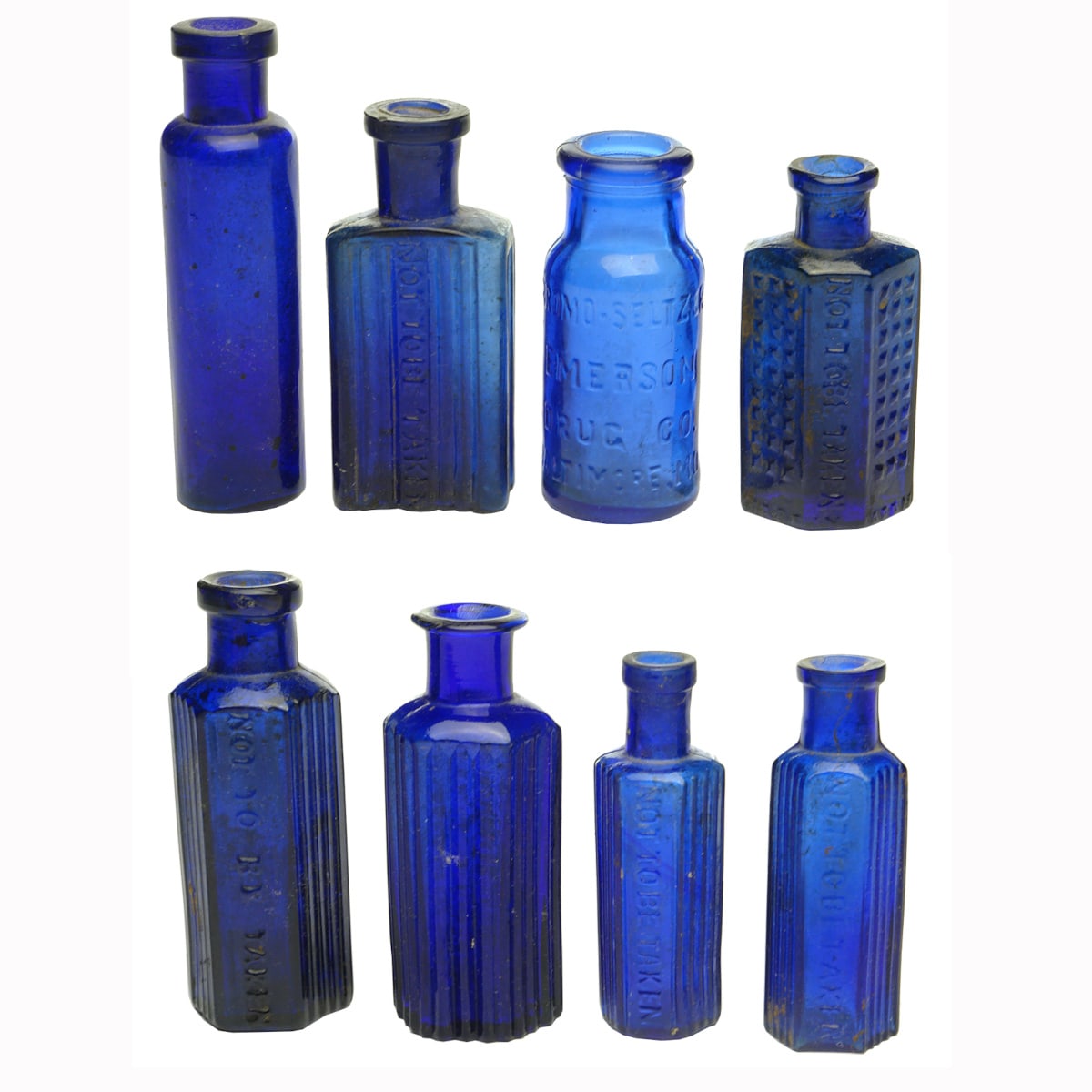8 Poisons/Blues: Tall cylinder; 1/2 ounce Rect NTBT; Small Bromo-Seltzer; 1/2 ounce NTBT Made in Japan; 4 x cobalt hexagonal Not To Be Taken Poisons:.