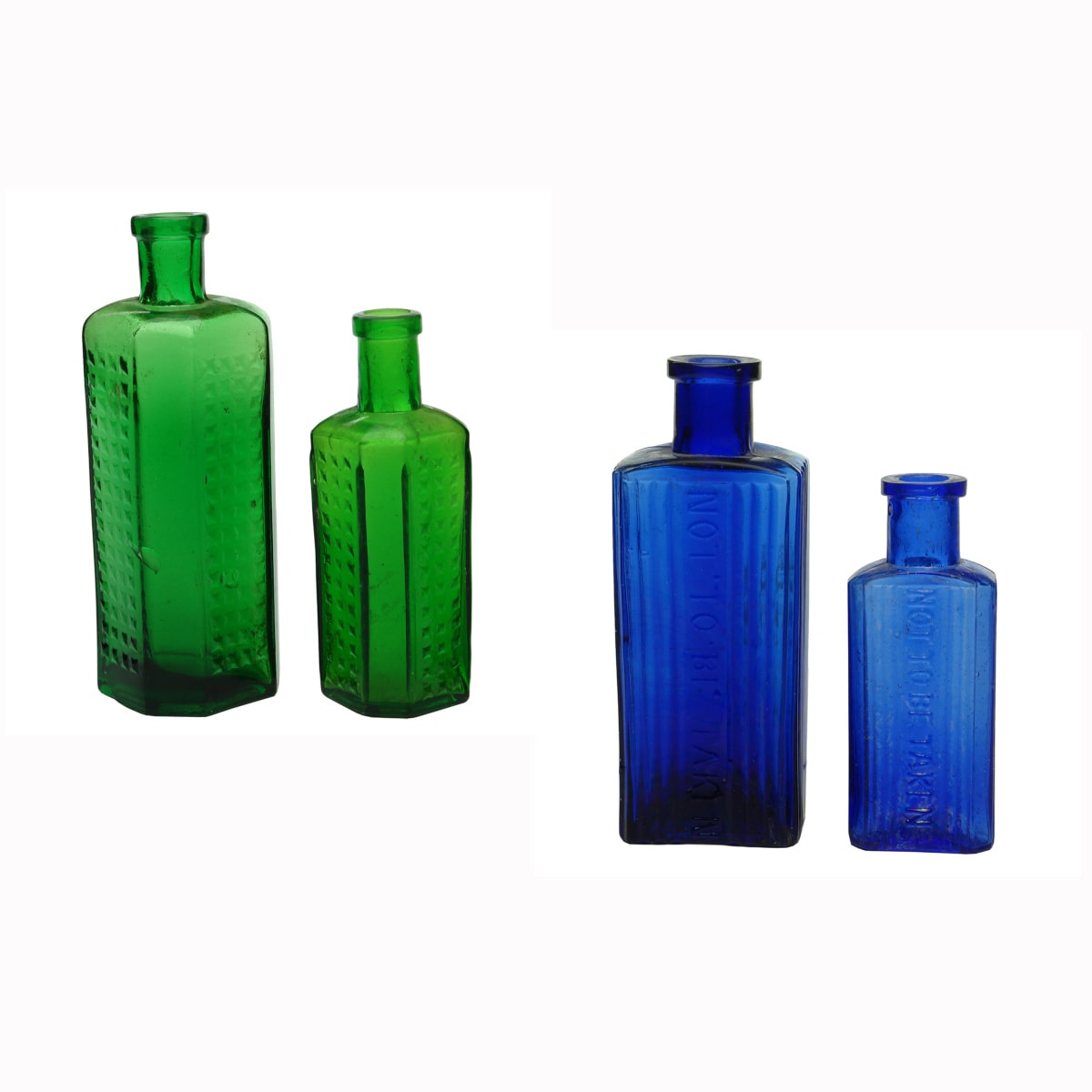 5 Poison Bottles: Not to Be Taken and without. Green & Blue. 2 x Made in Japan.