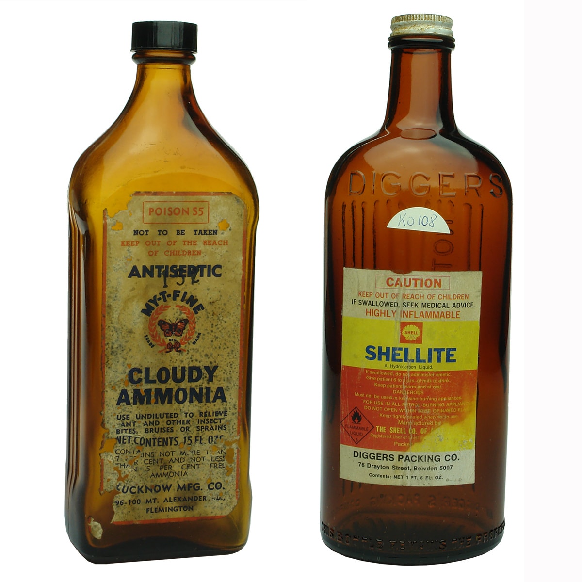 2 Poisons. My-T-Fine. The lucknow Mfg. Co. Mt. Alexander Rd, Flemington. Cloudy Ammonia. Original Label and Diggers Packing Company. Original label for Shellite.