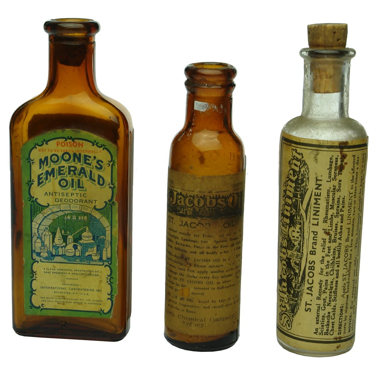 3 Labelled Poisons: Moone's Emerald Oil and 2 different St Jacobs Oil / Liniment.