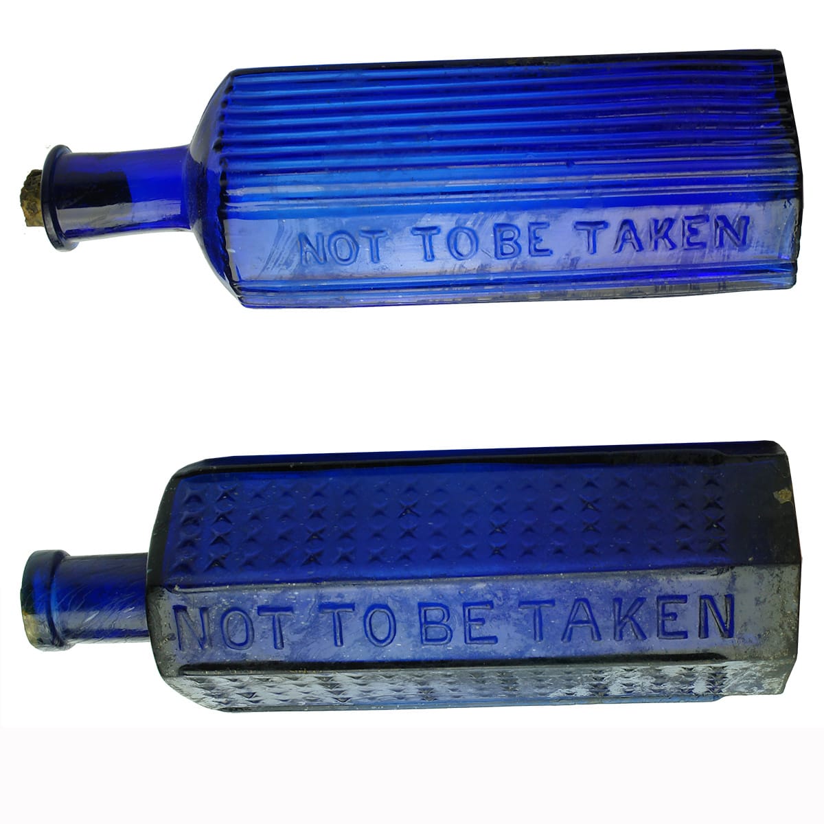 Poisons. Pair of Large Poisons: 1. Not To Be Taken. Hexagonal. Cobalt. 16 oz. 2. Not To Be Taken. Rd No 334871. Flat back irregular hexagon. Cobalt. 12 oz.