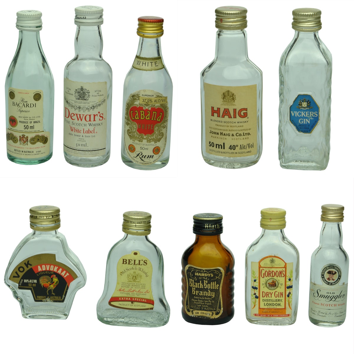 10 empty Miniature labelled Spirits bottles: Bacardi; Dewars; Cabana; Gordons; Old Smuggler; Hardys; Bells; Haig; Vok Advokaat; Vickers.