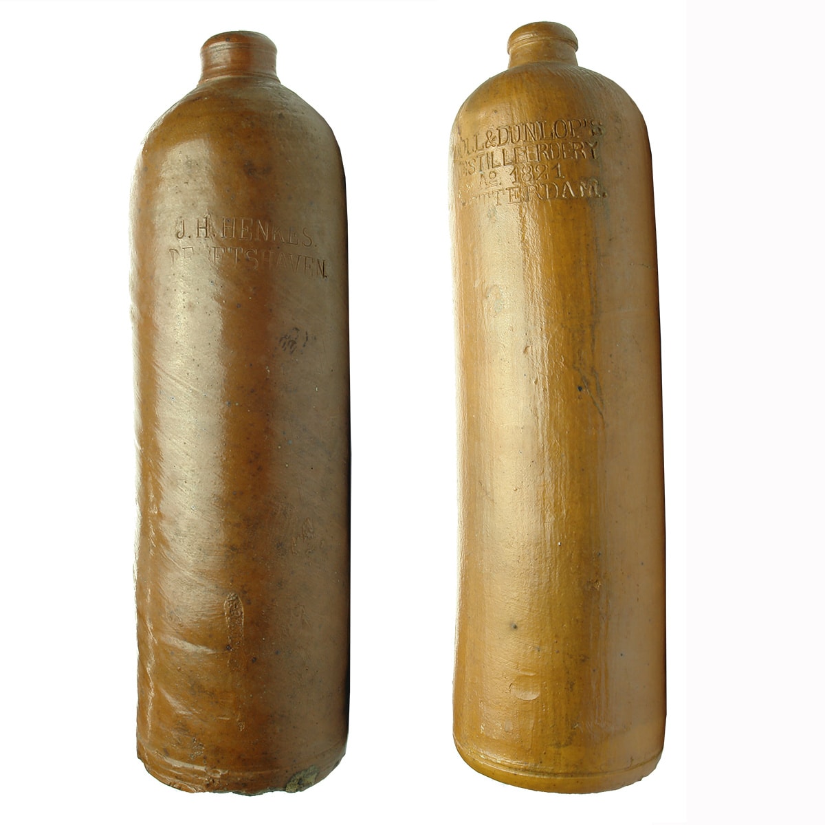 2 Stoneware Gins: J. H. Henkes Delftshaven; Boll & Dunlops Rotterdam.