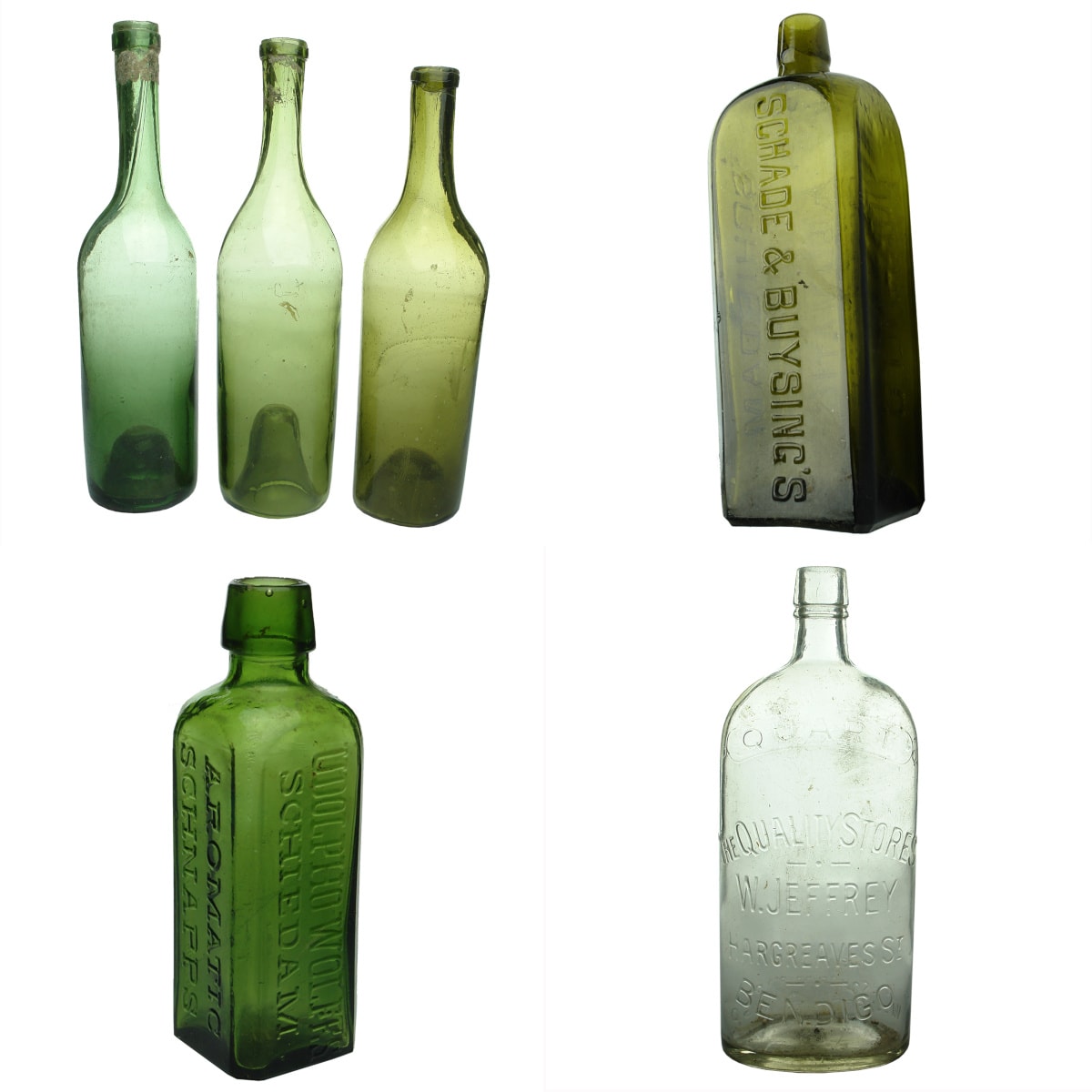 6 Spirits bottles. 3 x early string lip cognacs; Schade & Buysings Schnapps; Udolpho Wolfes 4 oz Schnapps; W. Jeffrey Bendigo Quart.