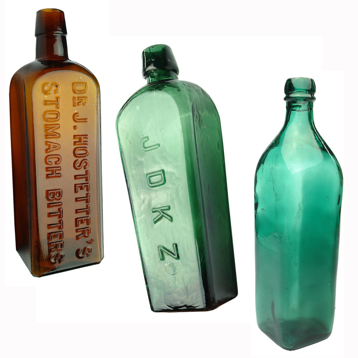 3 Spirits Bottles: Dr J. Hostetter's Stomach Bitters; JDKZ Gin; Walker's Kilmarnock Whisky.