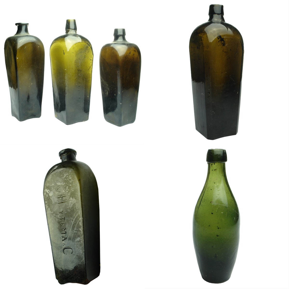 6 Bottles. 5 Gins & Black Skittle. 3 x early gins including a pig snout variety; Plain Gin; vHoytema & Co; Beer. Black Glass Skittle. 13 oz.
