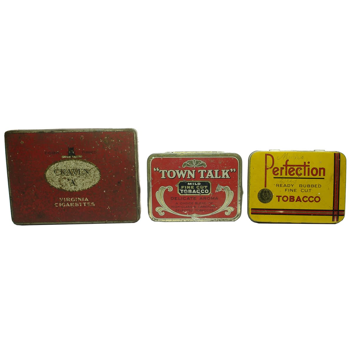 3 Tobacco/Cigarette Tins. Craven A; Perfection Ready Rubbed; Town Talk Mild Fine Cut.