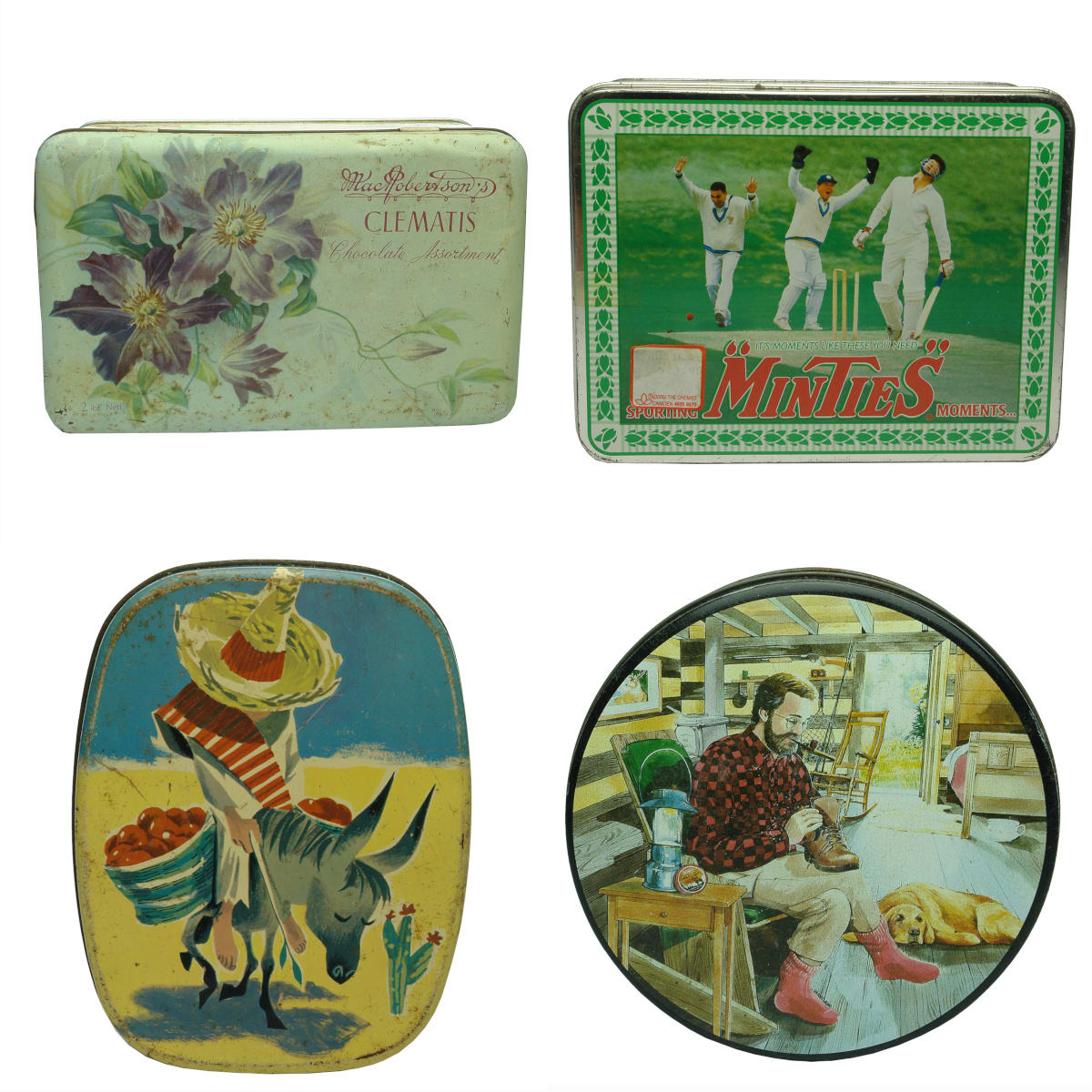 4 Tins: MacRobertson's Clematis; Minties Limited Edition; Griffiths Sweets Melbourne; Kiwi shoe cleaning kit.