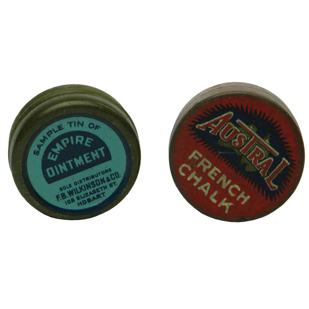 Tins. 2 x sample tins: 1. Sample Tin of Empire Ointment, F. B. Wilkinson & Co., 108 Elizabeth St., Hobart. 2. Austral French Chalk. (Tasmania)