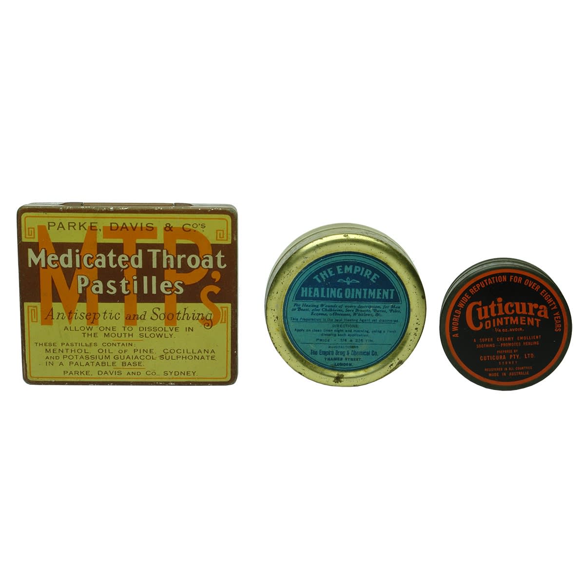 Tins. 3 x medical tins: 1. Parke, Davis & Co's Medictaed Throat Pastilles, Sydney. 2. The Empire Healing Ointment, Thames Street, London. 3. Cuticura Ointment, Sydney. (New South Wales, United Kingdom)