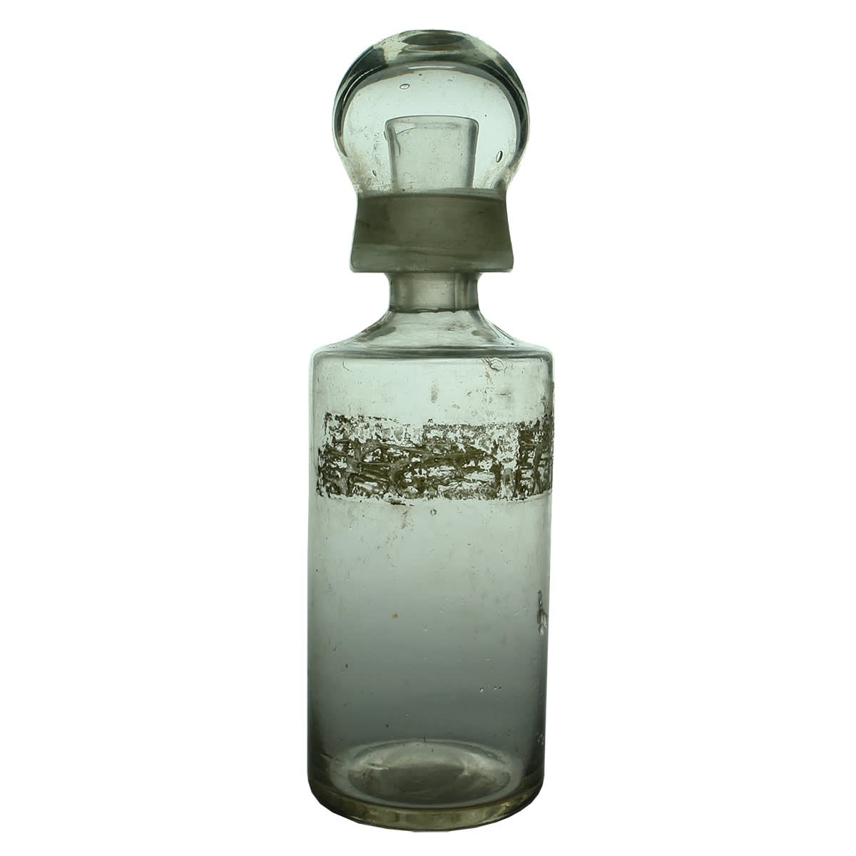 Pharmacy. Clear pharmacy jar with unusual large glass stopper that doubles as a glass, and inner removable pouring spout. Polished pontil.