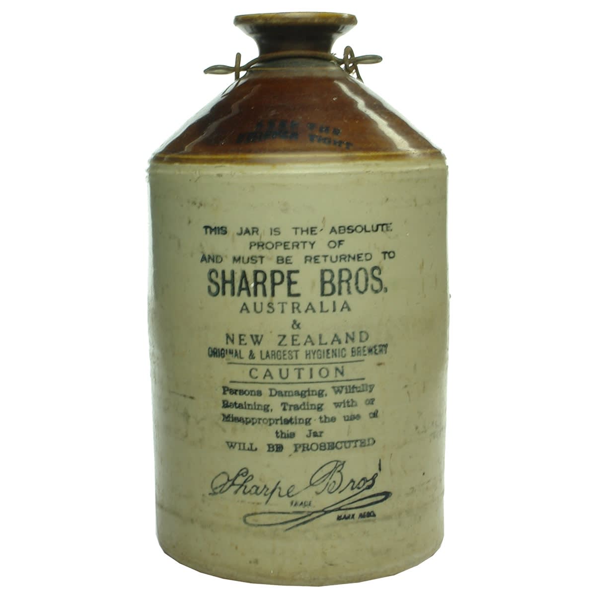 Demijohn. Sharpe Bros Australia & New Zealand. Hygienic Brewery. Hoffman Melbourne 1929.