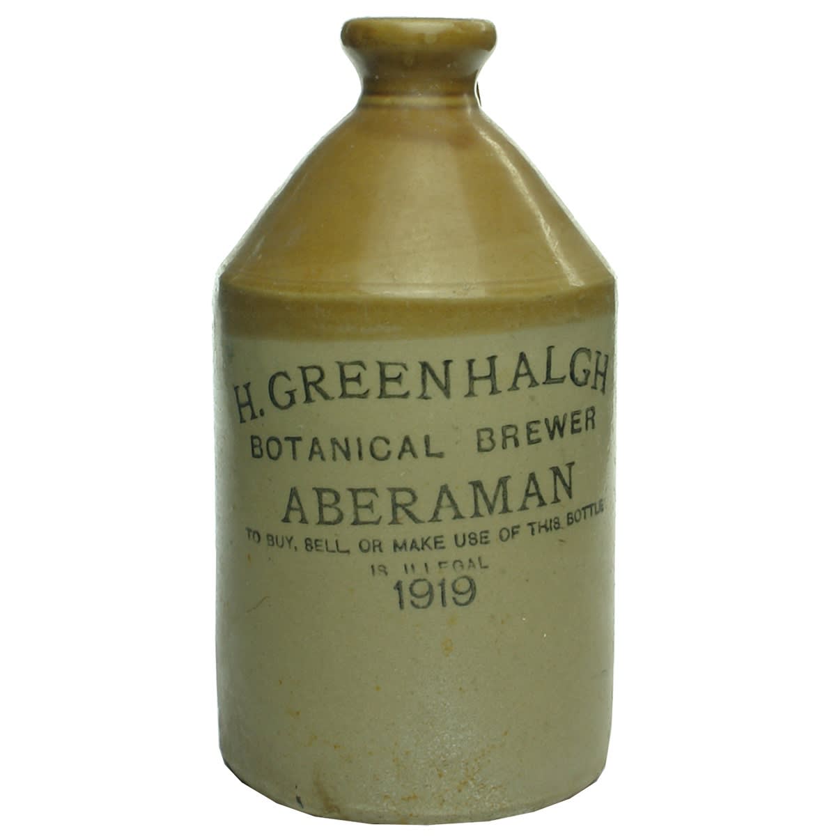 Demijohn. H. Greenhalgh, Botanical Brewer, Aberaman. 1919. Half Gallon. (UK)